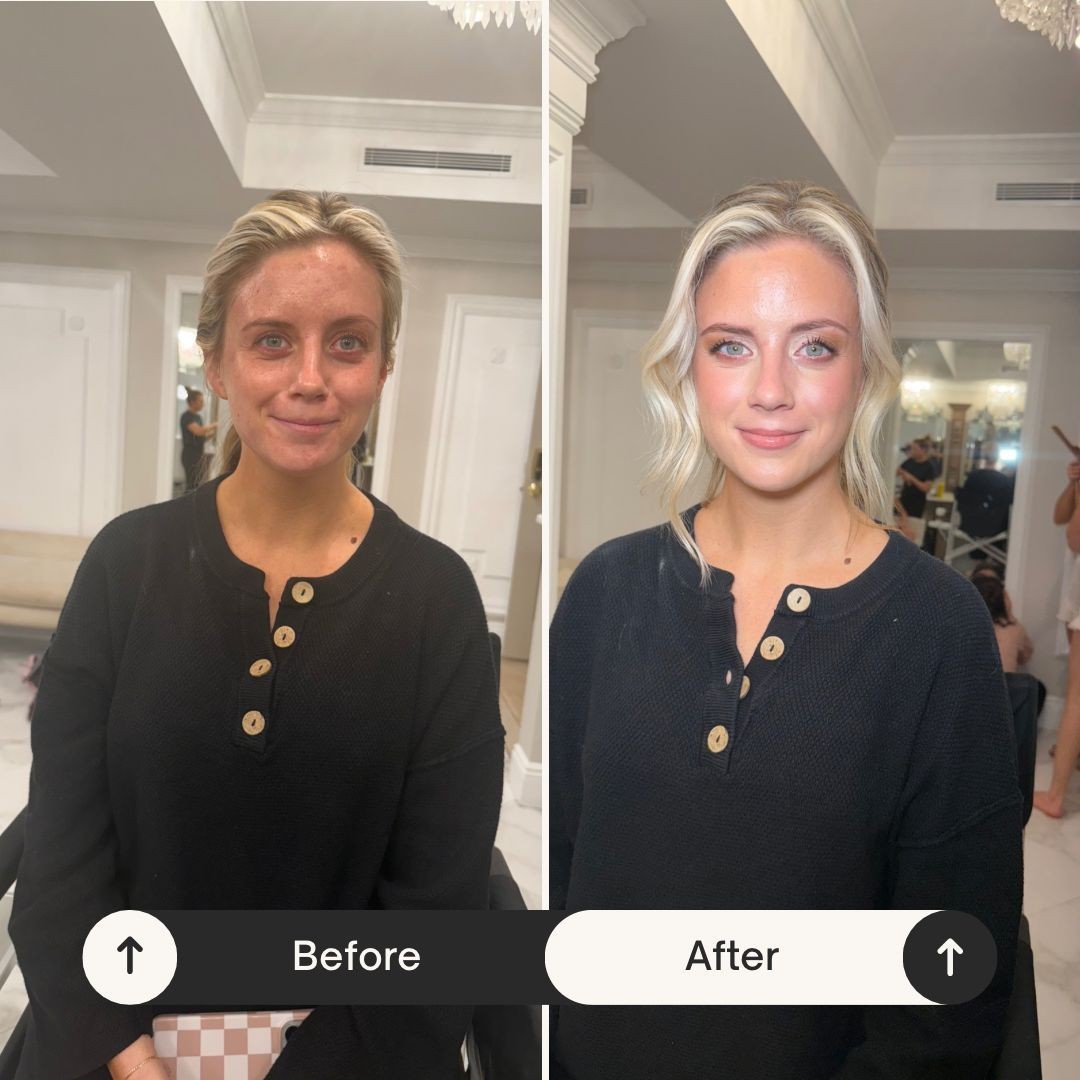 Side-by-side comparison of a woman's appearance before and after makeup application in a well-lit room.